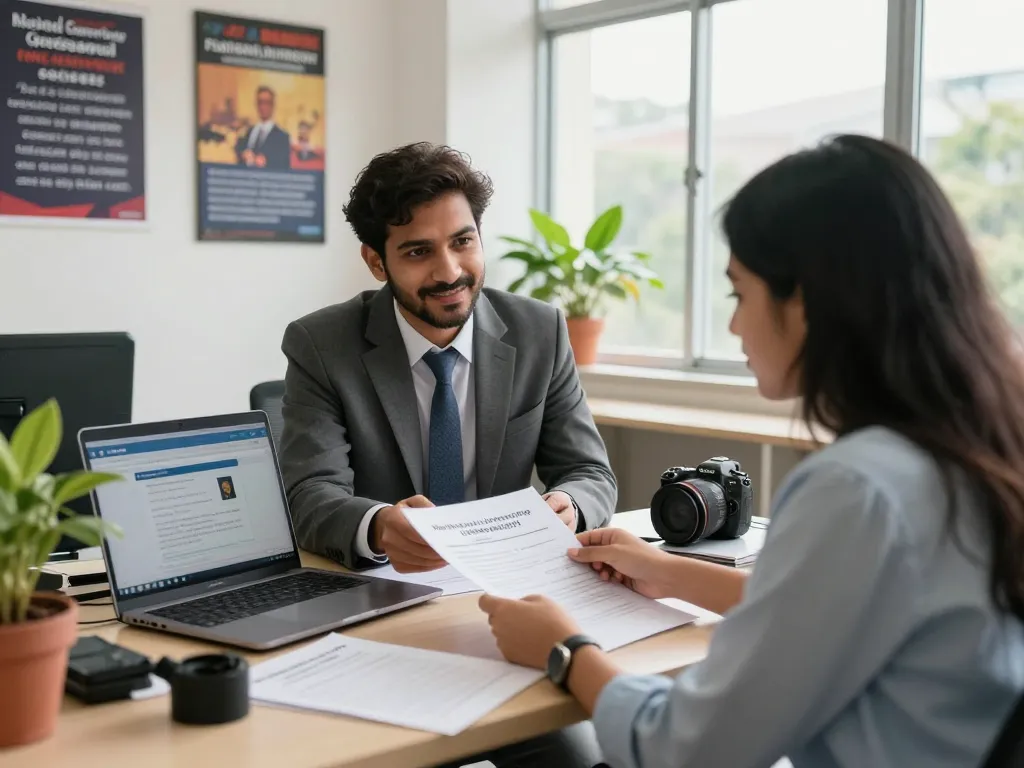 Advisor assisting a student with National University (Bangladesh) Certificate application documents in a modern office.