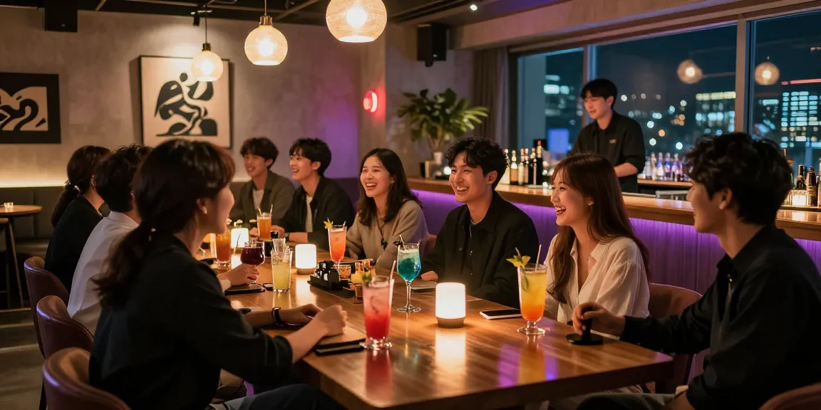 Friends enjoying vibrant cocktails at 상봉동 한국관나이트 in a stylish nightlife setting.