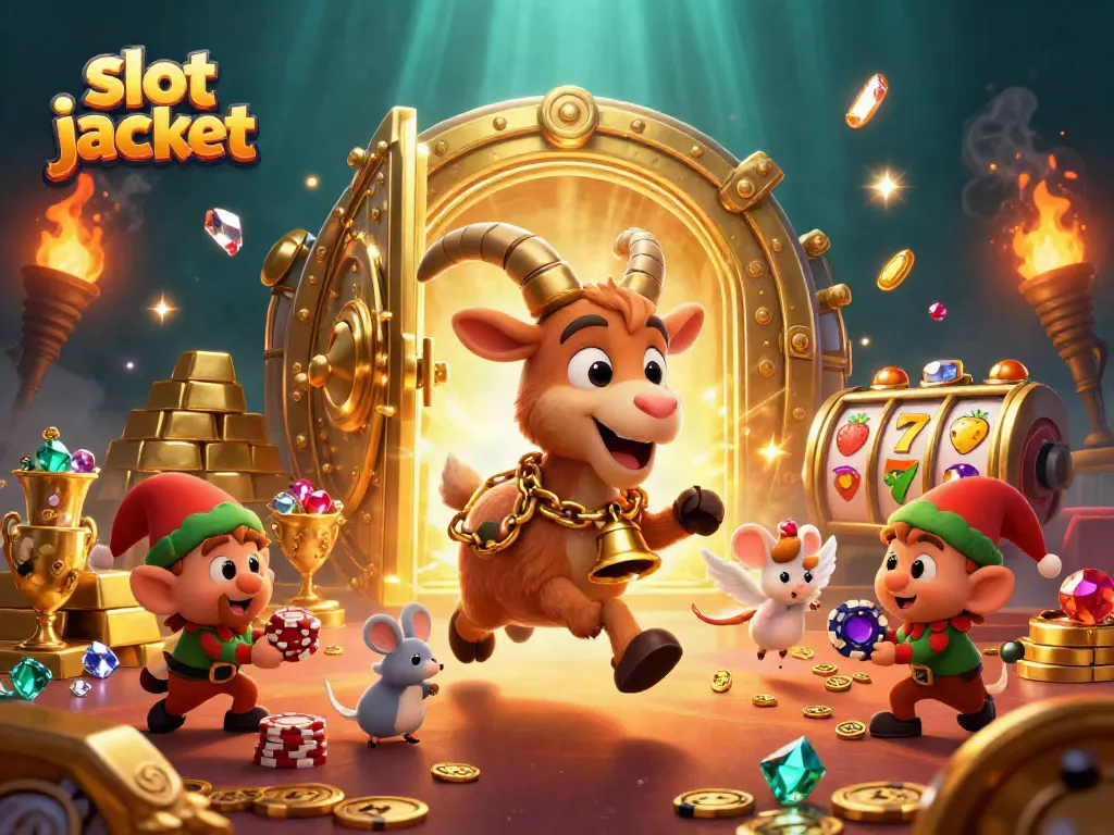 Experience thrilling slot jackpot excitement with a lively scene featuring magical casino characters amidst treasures.