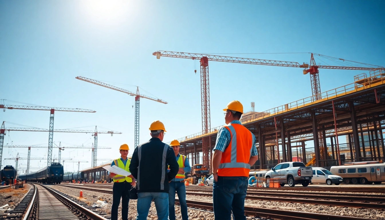 Engineers collaborating at a rail systems company construction site for infrastructure projects.