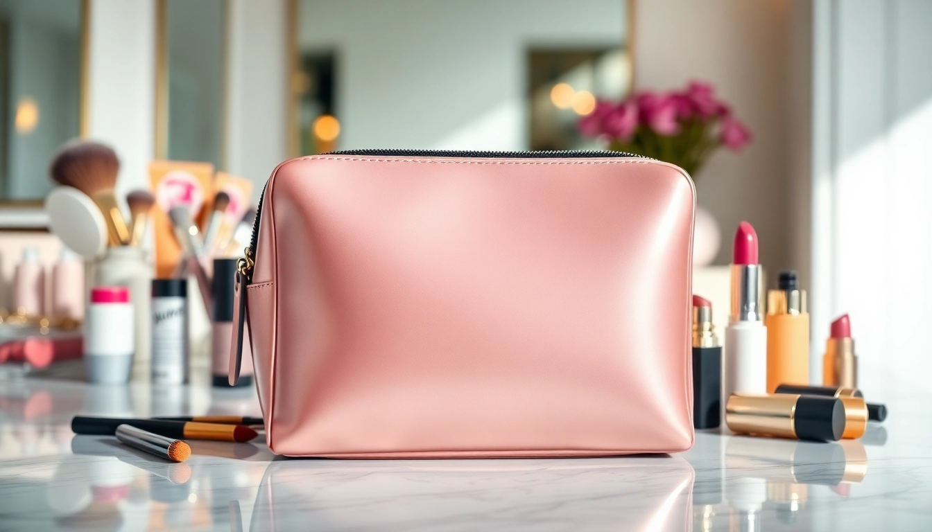Showcasing the elegant skone cosmetics signature makeup bag with vibrant cosmetics.