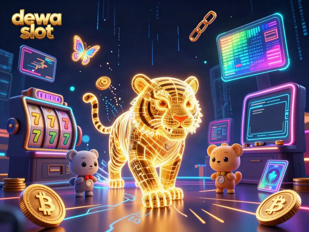 Memainkan dewa slot dengan tumpukan koin Bitcoin yang bercahaya dan harimau neon di latar belakang yang dinamis.