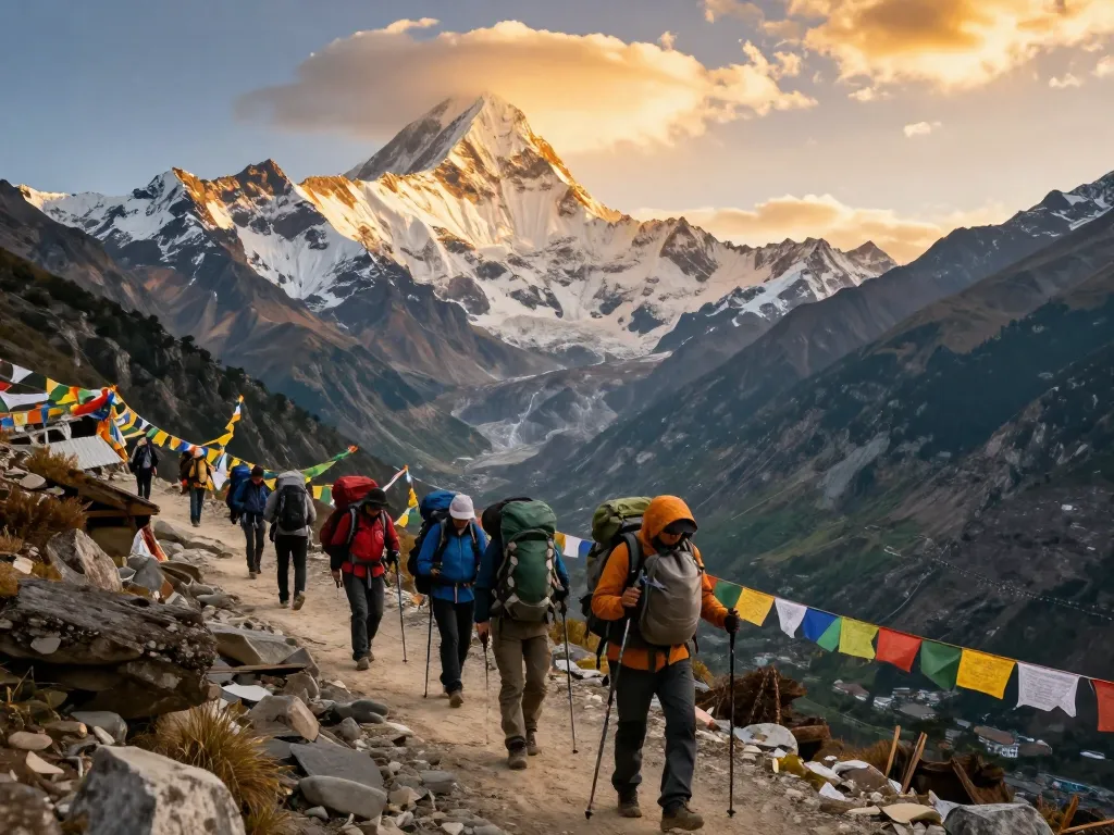 Trekking the Annapurna Circuit, showcasing trekkers with backpacks amidst stunning mountain views.