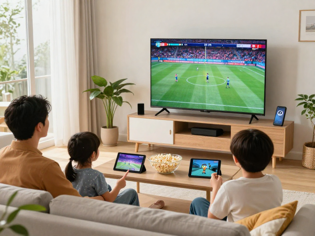 Family enjoying top USA IPTV subscriptions 2026 in a cozy living room.