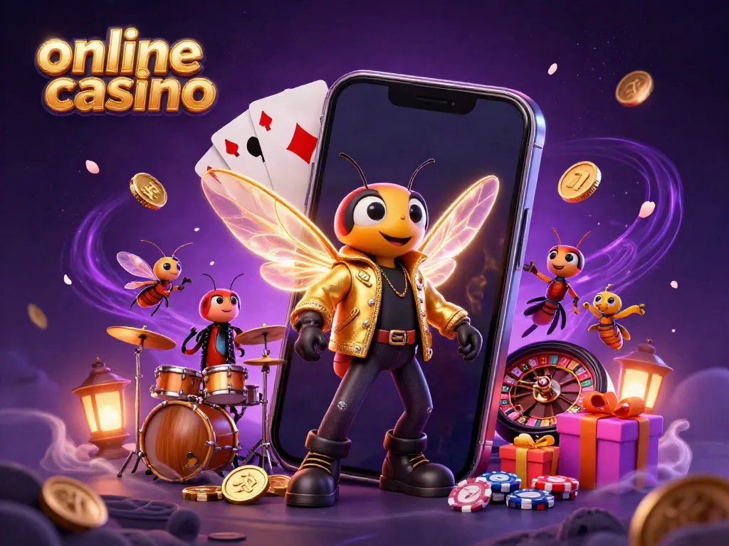 Engage in an exciting online casino adventure featuring a rock star cicada, drummer beetle, and vibrant slot games.