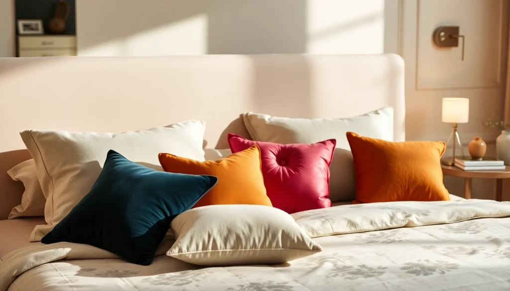Cuscini per letto di design moderno disposti su un elegante letto matrimoniale, creano un'atmosfera accogliente.