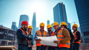 Showcasing a team of professionals evaluating plans for a New York Commercial General Contractor project amidst city skyscrapers.