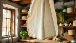 Kaasdoek dienst als decoratief element in een landelijke keuken, accentuerend traditionele charme.