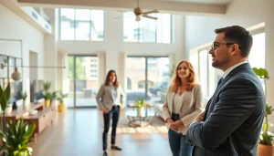 Showcasing real estate agent presenting properties in a spacious, well-lit modern home.