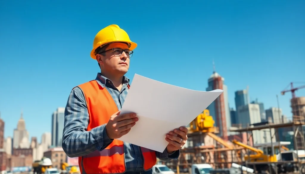 A New York City General Contractor managing a busy construction site with blueprints in hand.