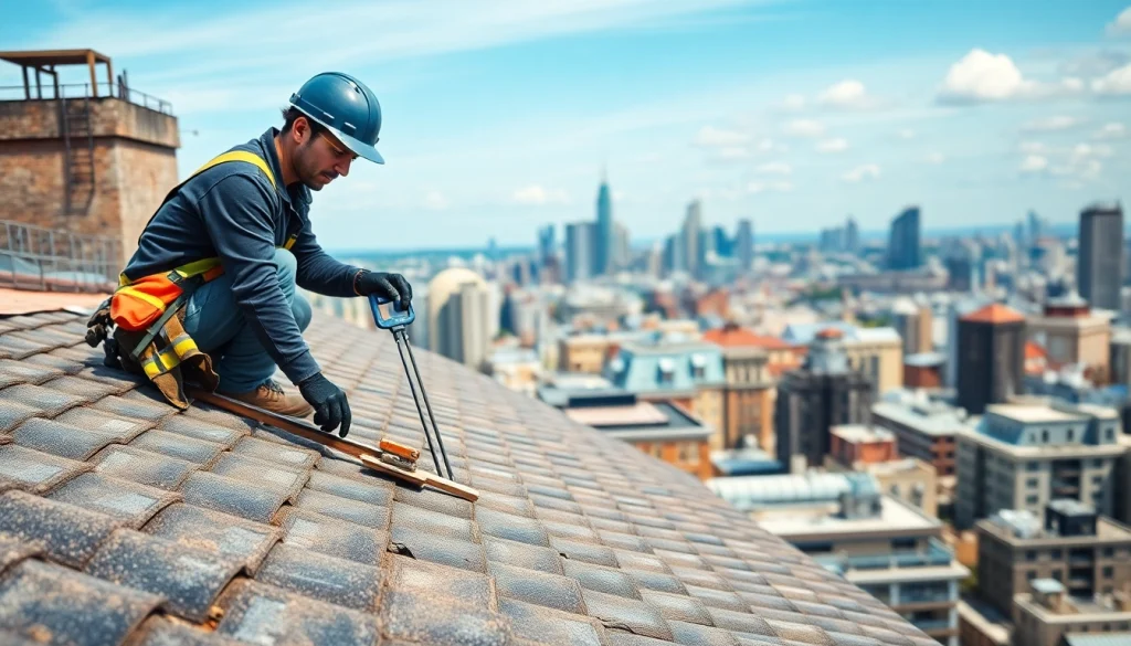 Providing professional roofing services, a skilled roofer works diligently on a city rooftop.