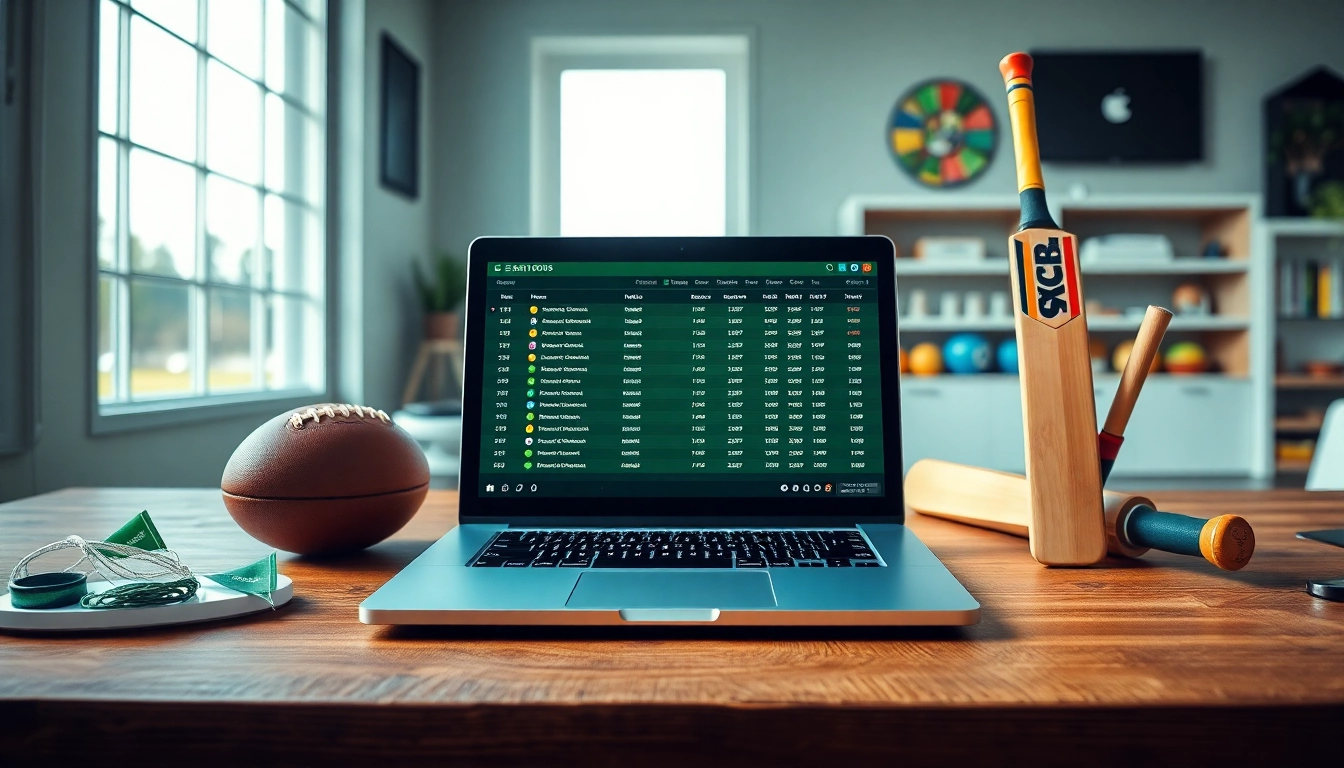 Experience best online sportsbooks India with a vibrant sports betting setup featuring a laptop and memorabilia.