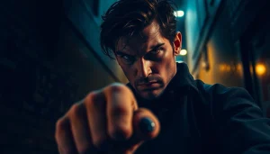 Protagonist in a suspenseful urban scene, embodying qualities Better than Reacher.