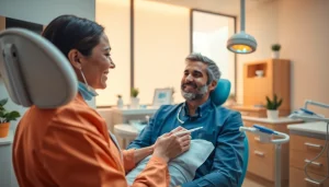 Dentist providing a calming experience for a patient in a modern dental clinic.