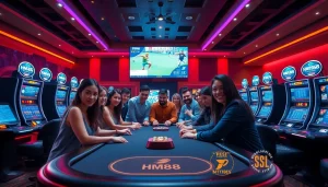 Engaging casino scene showcasing the hm88 link with diverse players, vibrant decor, and a thrilling atmosphere.