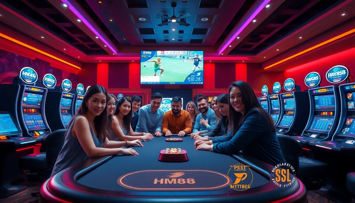 Engaging casino scene showcasing the hm88 link with diverse players, vibrant decor, and a thrilling atmosphere.