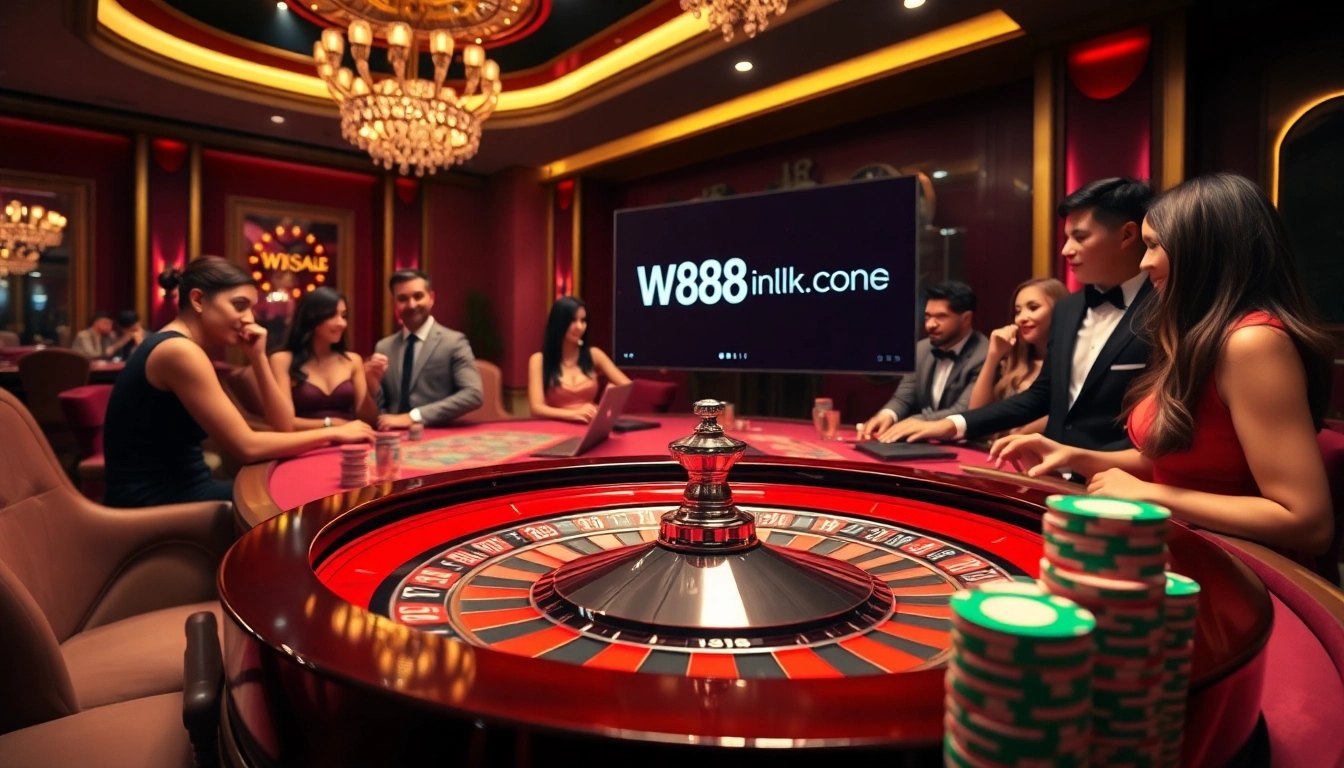Experience the excitement of gambling with W88 link at a luxurious casino table featuring roulette and poker chips.