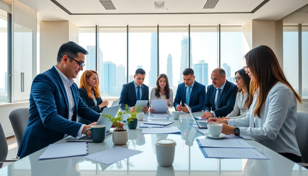 Business Consultants in Dubai collaborating in a modern office setting with a skyline view.