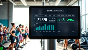Calculate body fat percentage calculator while individuals engage in fitness activities in a bright studio.