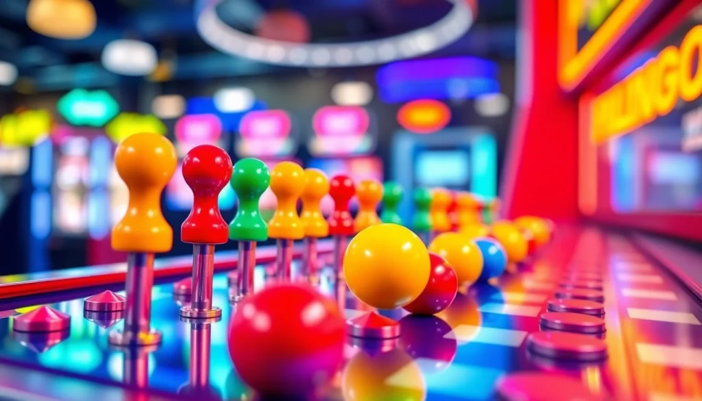 Permainan plinko demo yang menampilkan bola berwarna cerah jatuh melalui pegs di papan.