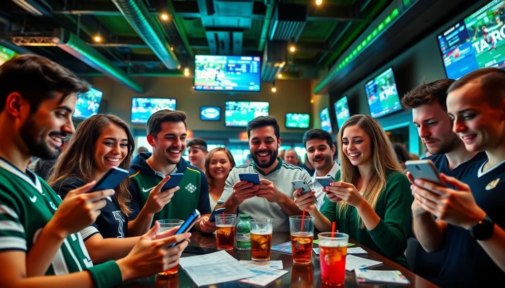 Engaged fans using various devices at online sportsbooks Texas in a lively sports bar setting.