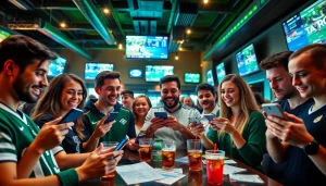 Engaged fans using various devices at online sportsbooks Texas in a lively sports bar setting.
