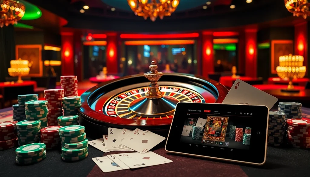 Engage with thrilling games at the trang chủ nh88, featuring poker chips and a roulette wheel.