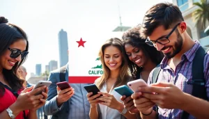 Engaging scene of users betting online at sportsbooks California with city landmarks.