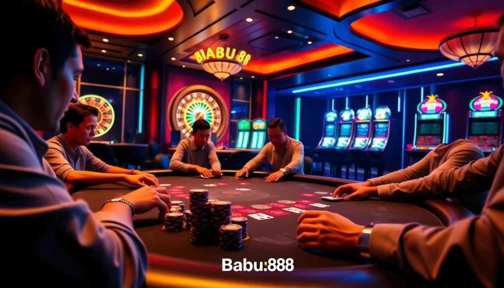 View of a high-stakes poker game at Babu88 casino, showcasing intense gameplay and vibrant casino atmosphere.