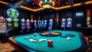 Exciting online gambling scene showcasing F8BET with poker chips and roulette wheel.