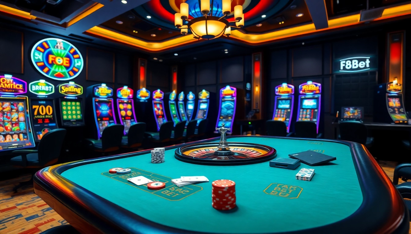 Exciting online gambling scene showcasing F8BET with poker chips and roulette wheel.
