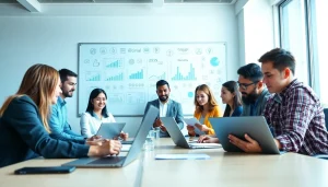 Engaged team collaborating on social media marketing strategies in Edmonton