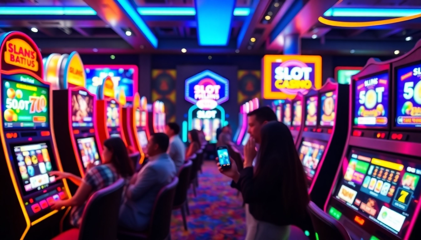 Aksi seru slot depo pulsa dengan pemain antusias di latar kasino modern yang cerah.