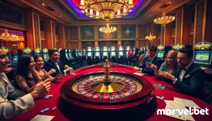 Exciting players at Marvelbet's casino table engaging with roulette and poker chips.