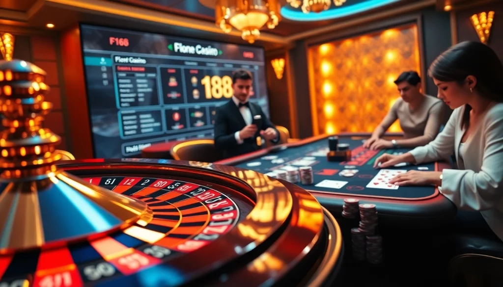 F168 players enjoying a thrilling online casino experience at elegantly set tables filled with poker chips.