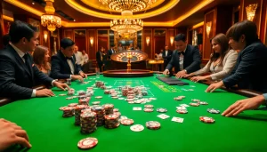 Engaged players enjoy an exciting Poker game scene at Bong da lu's vibrant casino.