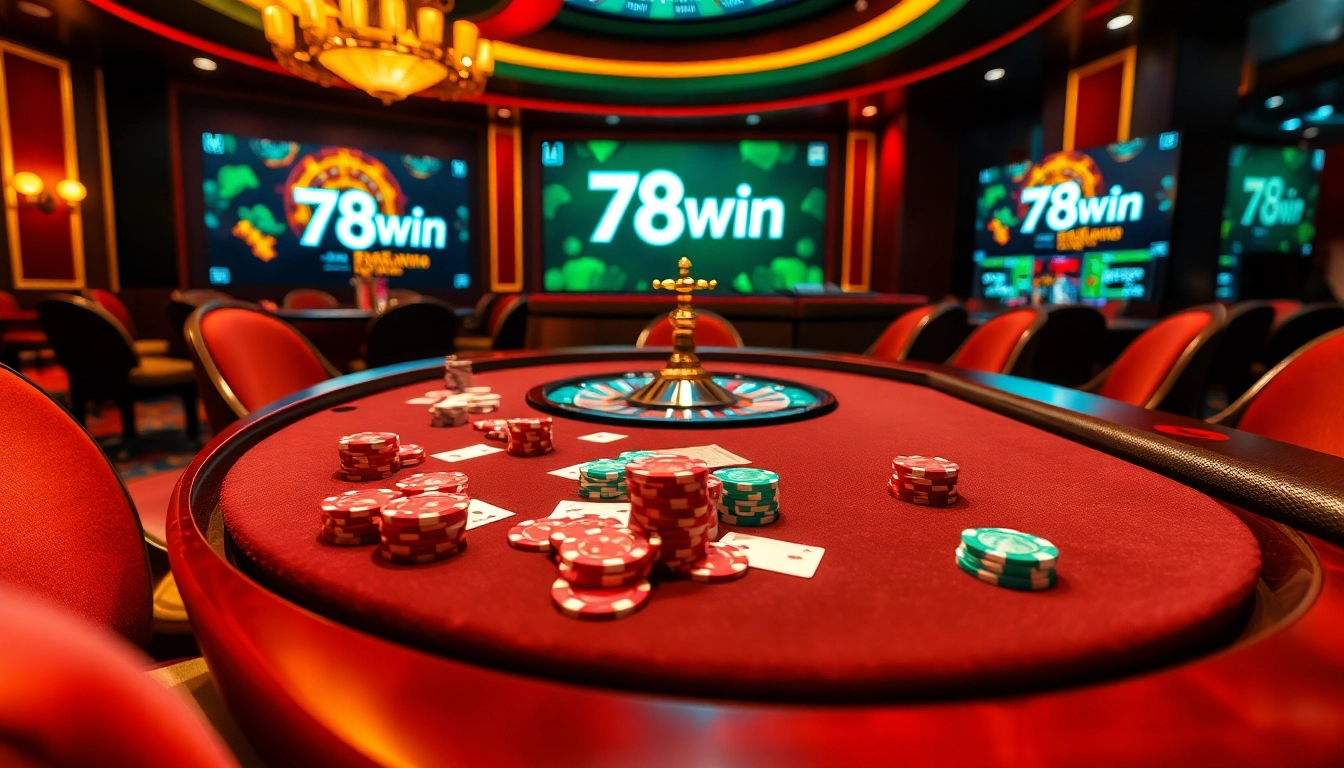 Engage in thrilling poker action at 78win with vibrant chips and cards in a luxury casino setting.
