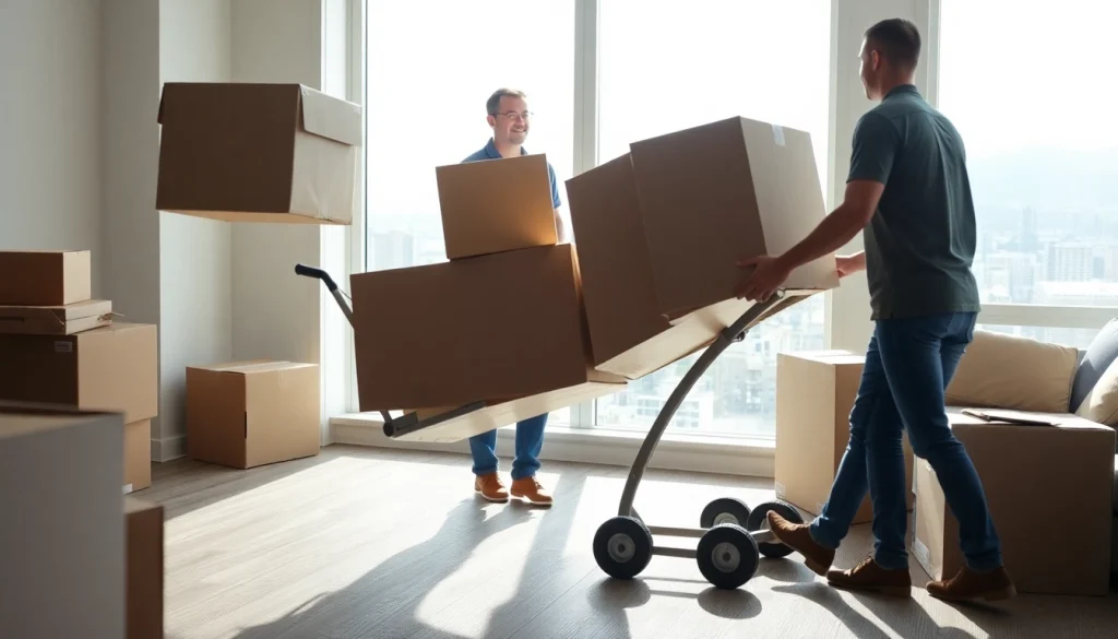 Movers transporting boxes representing the best movers in Vancouver in a vibrant apartment setting.