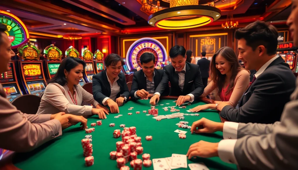 Excited gamblers placing bets at the tk88 roulette table in a luxurious casino setting.