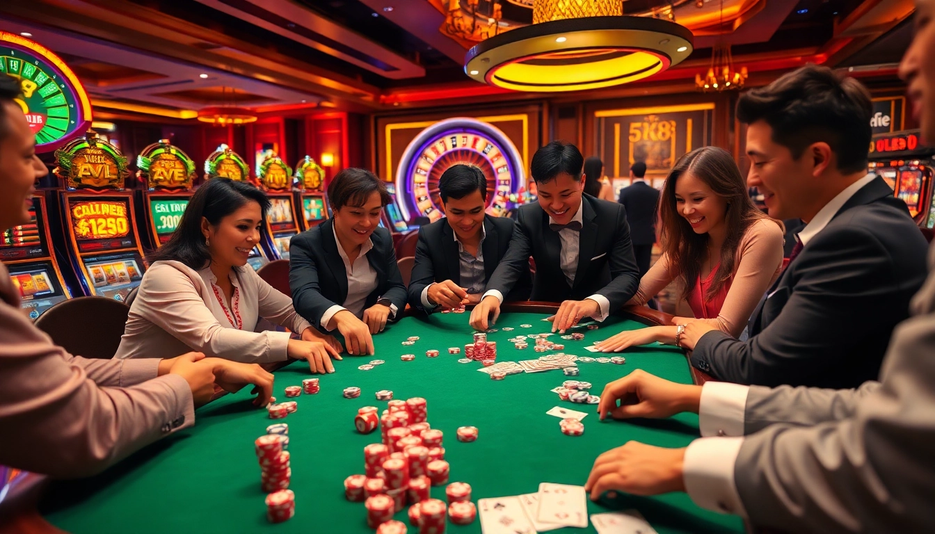 Excited gamblers placing bets at the tk88 roulette table in a luxurious casino setting.