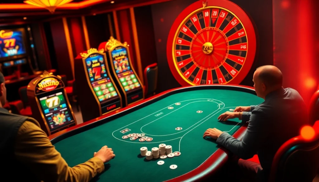 The immersive online gambling scene showcasing the 6rwin Link with poker tables and spinning roulette wheels.