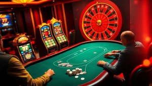 The immersive online gambling scene showcasing the 6rwin Link with poker tables and spinning roulette wheels.