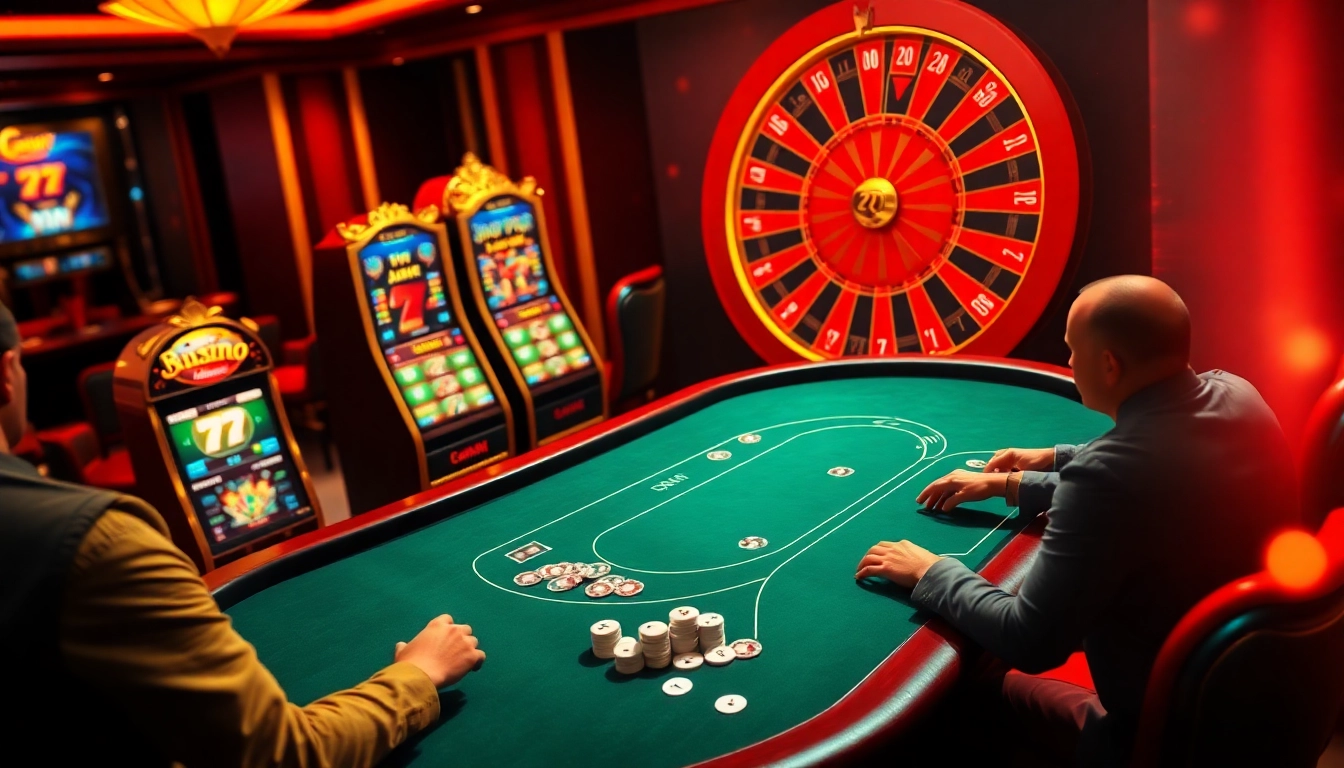 The immersive online gambling scene showcasing the 6rwin Link with poker tables and spinning roulette wheels.