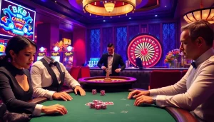 Engaging players enjoying poker at BK8 casino, vivid lights, and stylish atmosphere enhance the gaming experience.