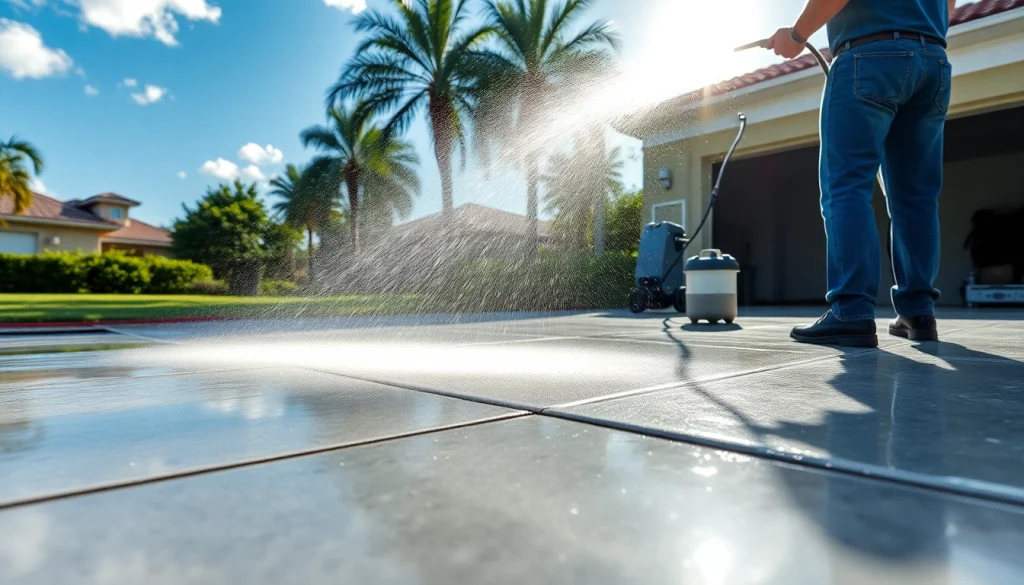 Concrete cleaning in Kissimmee by professionals, showcasing sparkling surfaces and eco-friendly equipment.