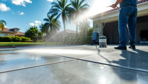 Concrete cleaning in Kissimmee by professionals, showcasing sparkling surfaces and eco-friendly equipment.