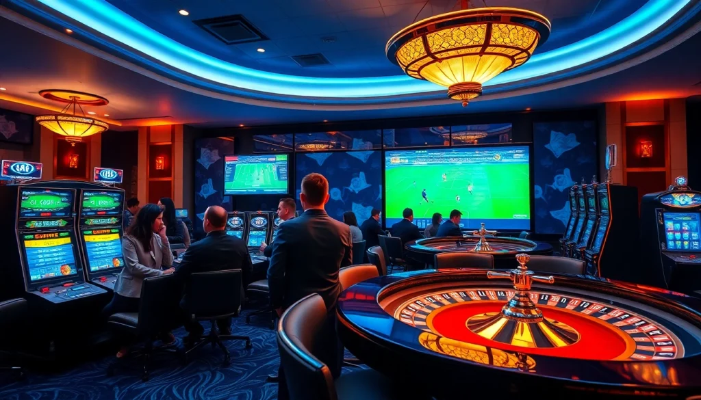 Engaged gamblers placing bets on ta88 bóng đá in a luxurious casino setting with vibrant screens.