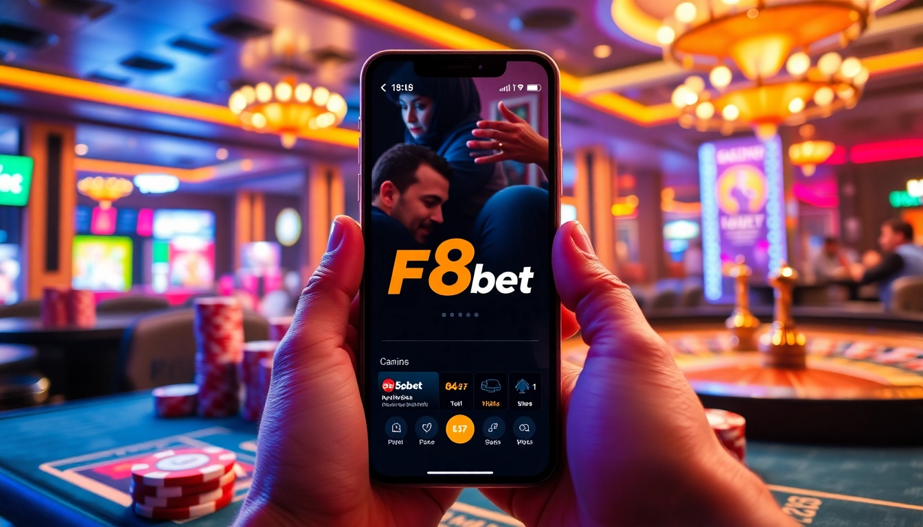 Experience the excitement of gaming with the F8bet app on a smartphone surrounded by casino elements.