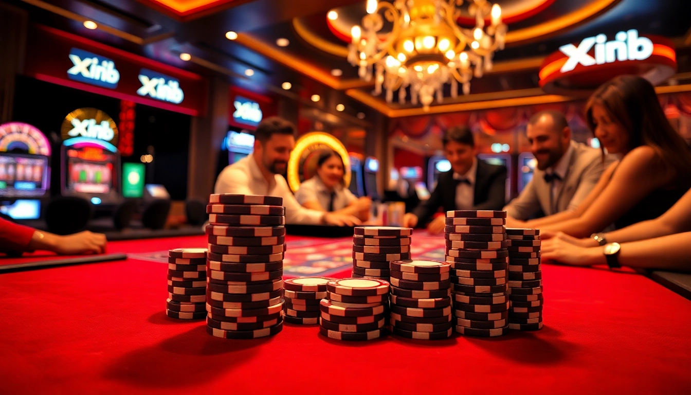 Players engaging in an exciting poker game at xin88 casino, showcasing elegant poker chips and lively atmosphere.