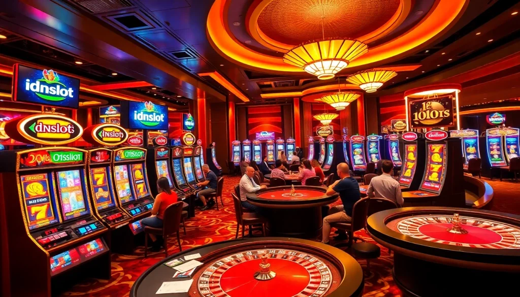 Experience the thrill of idnslot at a lively casino filled with vibrant slot machines and excited players.